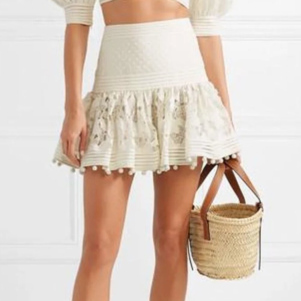 Zimmermann Corsage Pompom Embellished‎ Guipure Lace Swiss Dot Tulle Mini Size 0